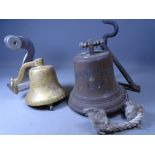 SHIP'S BELL, ORIENTAL STAR 1955, 20cms H, another ship's bell and their brackets