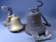 SHIP'S BELL, ORIENTAL STAR 1955, 20cms H, another ship's bell and their brackets