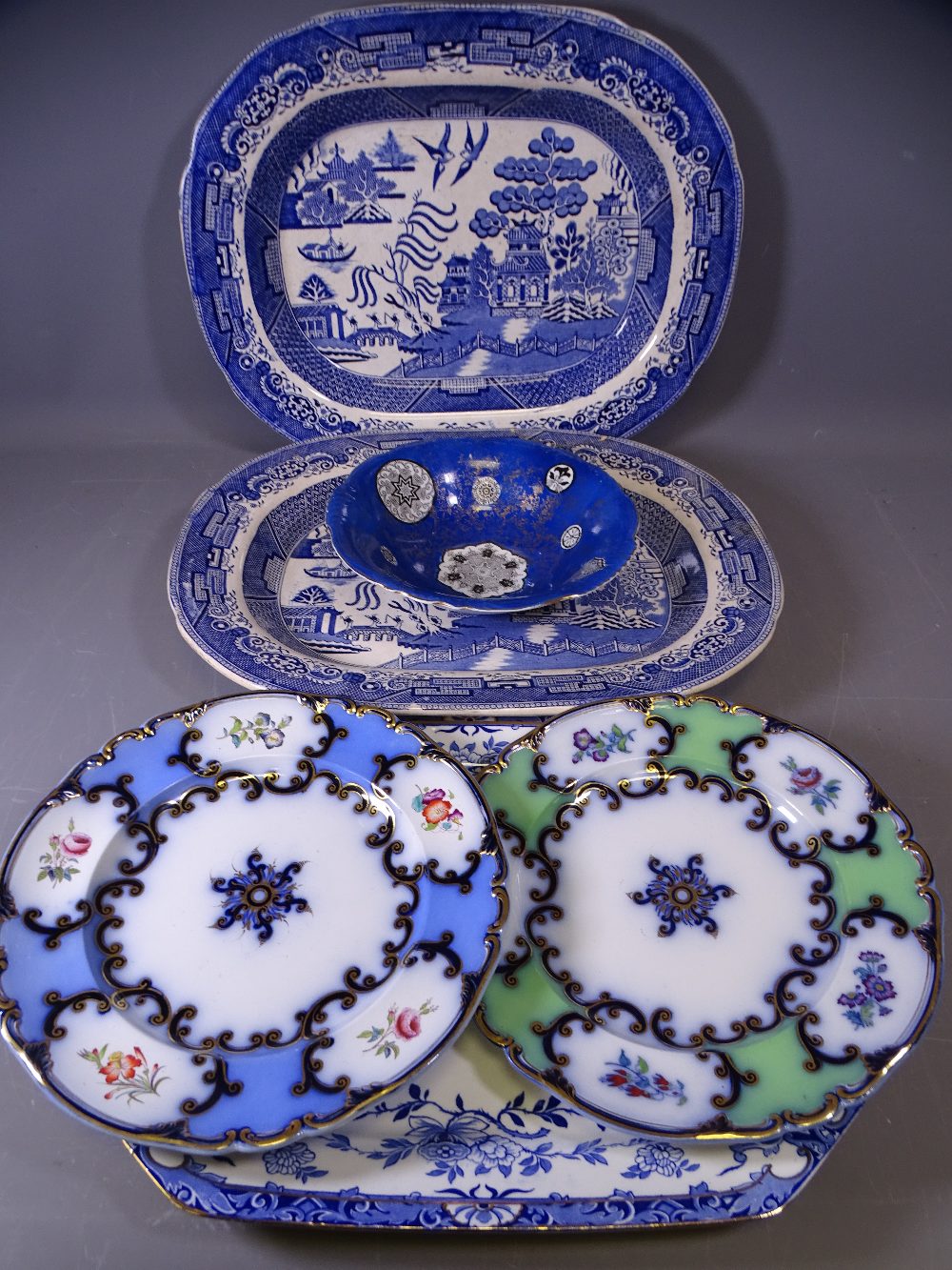 FLO BLUE PLATES, (2), 26cms diameter, two Blue & White meat platters ETC
