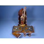 TREEN - a brass embossed book rest, wall shelf and ornamental musical instruments ETC