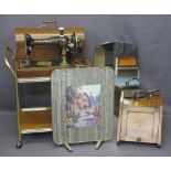 SINGER SEWING MACHINE, coal bucket and scoop, two-tier brass effect trolley, picturesque