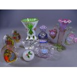 MILLEFIORI GLASSWARE, paperweights, Vaseline and Cranberry vase and an overlay vase ETC