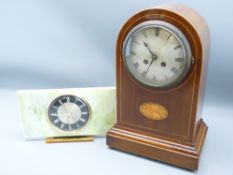 CLOCKS - a dome top mahogany mantle clock with inlaid shell to the centre, 35cms, and a mid-