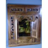 INDONESIAN TEAK WALL MIRROR with carved detail, 70 x 60cms overall