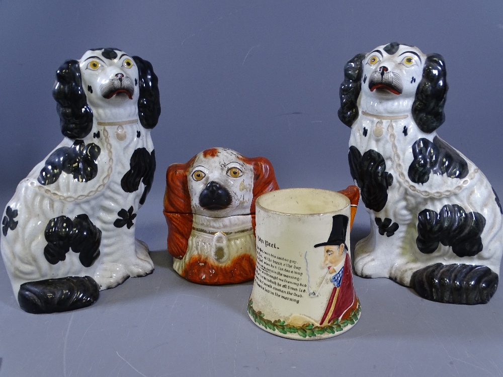 STAFFORDSHIRE DOG TOBACCO JAR, pair of Black & White Staffordshire Dogs and a John Peel musical
