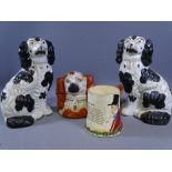 STAFFORDSHIRE DOG TOBACCO JAR, pair of Black & White Staffordshire Dogs and a John Peel musical