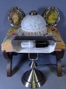 ARTS & CRAFTS STYLE TAPESTRY TOPPED FOOT STOOL, a lustre lampshade, office desk lamp ETC E/T