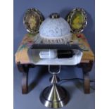 ARTS & CRAFTS STYLE TAPESTRY TOPPED FOOT STOOL, a lustre lampshade, office desk lamp ETC E/T