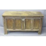 OAK COFFER with four panel front and back, twin panel sides, lift up lid with eye hook hinges, 73cms