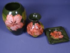 MOORCROFT - HIBISCUS GREEN (3) including bulbous vase, 18cms H