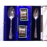 SILVER SPOONS & NAPKIN RINGS, a parcel - a pair of boxed engine turned silver napkin rings, 1oz