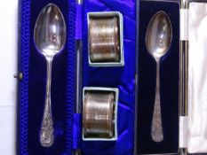 SILVER SPOONS & NAPKIN RINGS, a parcel - a pair of boxed engine turned silver napkin rings, 1oz