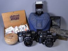 MINOLTA CAMERA EQUIPMENT, embossed metal box, treen and artist materials