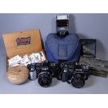 MINOLTA CAMERA EQUIPMENT, embossed metal box, treen and artist materials