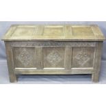 OAK COFFER - three panel front with diamond carved detail, 66cms H, 125cms W, 56cms D