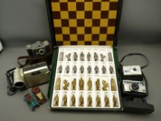 MISCELLANY - chess board with Romans/Barbarians metal pieces and photography items