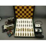 MISCELLANY - chess board with Romans/Barbarians metal pieces and photography items