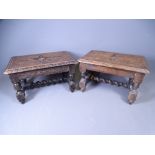 CARVED OAK PERIOD FOOT STOOLS, A PAIR with twist cross stretcher, 19 x 30 x 20cms