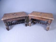 CARVED OAK PERIOD FOOT STOOLS, A PAIR with twist cross stretcher, 19 x 30 x 20cms
