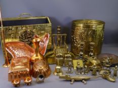 BRASSWARE, a quantity including magazine rack, spill holders, nut crackers and jelly moulds