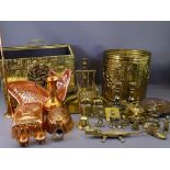 BRASSWARE, a quantity including magazine rack, spill holders, nut crackers and jelly moulds