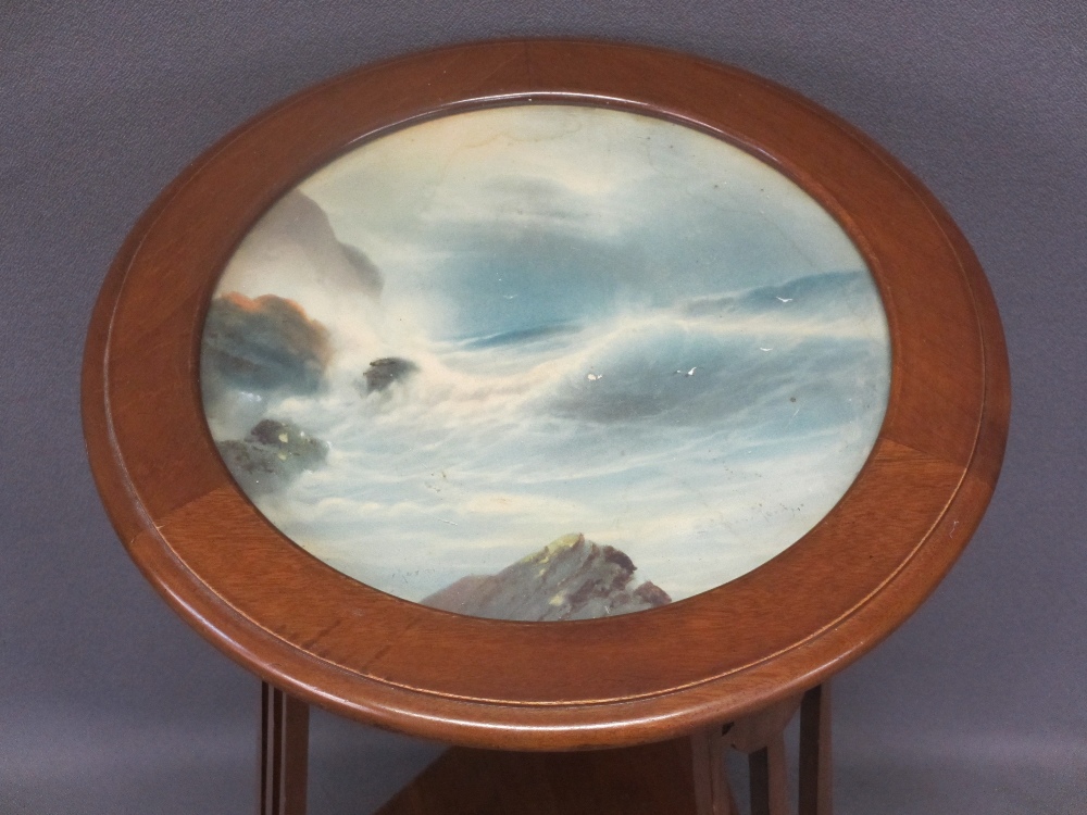 ARTS & CRAFTS CIRCULAR TOP SIDE TABLE with inset GARMAN MORRIS watercolour of a coastal scene, - Image 2 of 4