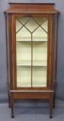 MAHOGANY SINGLE DOOR DISPLAY CABINET with inlay, three interior shelves, tapered supports on spade