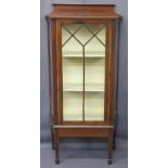 MAHOGANY SINGLE DOOR DISPLAY CABINET with inlay, three interior shelves, tapered supports on spade
