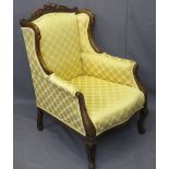 REGENCY STYLE WINGBACK ARMCHAIR, carved crest detail, curved over arms, 93cms H, 66cms W, 57cms seat
