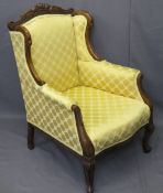 REGENCY STYLE WINGBACK ARMCHAIR, carved crest detail, curved over arms, 93cms H, 66cms W, 57cms seat