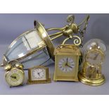 CLOCKS - EMES yellow metal bedroom clock, Jerger bedroom clock, two mantel clocks and a reproduction