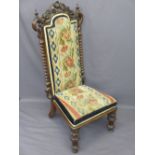 PRIE DIEU CHAIR, Victorian walnut tapestry upholstered with twist side detail and carved crest rail,