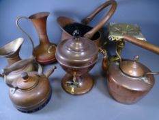 COPPER COAL SCUTTLE, Samovar, kettles, a parcel of brass fire irons and an assortment of similar