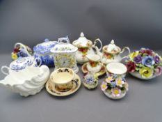 ROYAL ALBERT TEA POTS, sugar bowl, cream jug, Minton Haddon Hall clock, Spode teapot, Aynsley