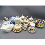 ROYAL ALBERT TEA POTS, sugar bowl, cream jug, Minton Haddon Hall clock, Spode teapot, Aynsley