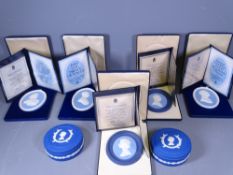 WEDGWOOD JASPERWARE CASED COMMEMORATIVE PLAQUES (5) plus two dressing table containers