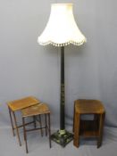 CHINOISERIE STANDARD LAMP & SHADE, tapered column on square base, 195cms H,