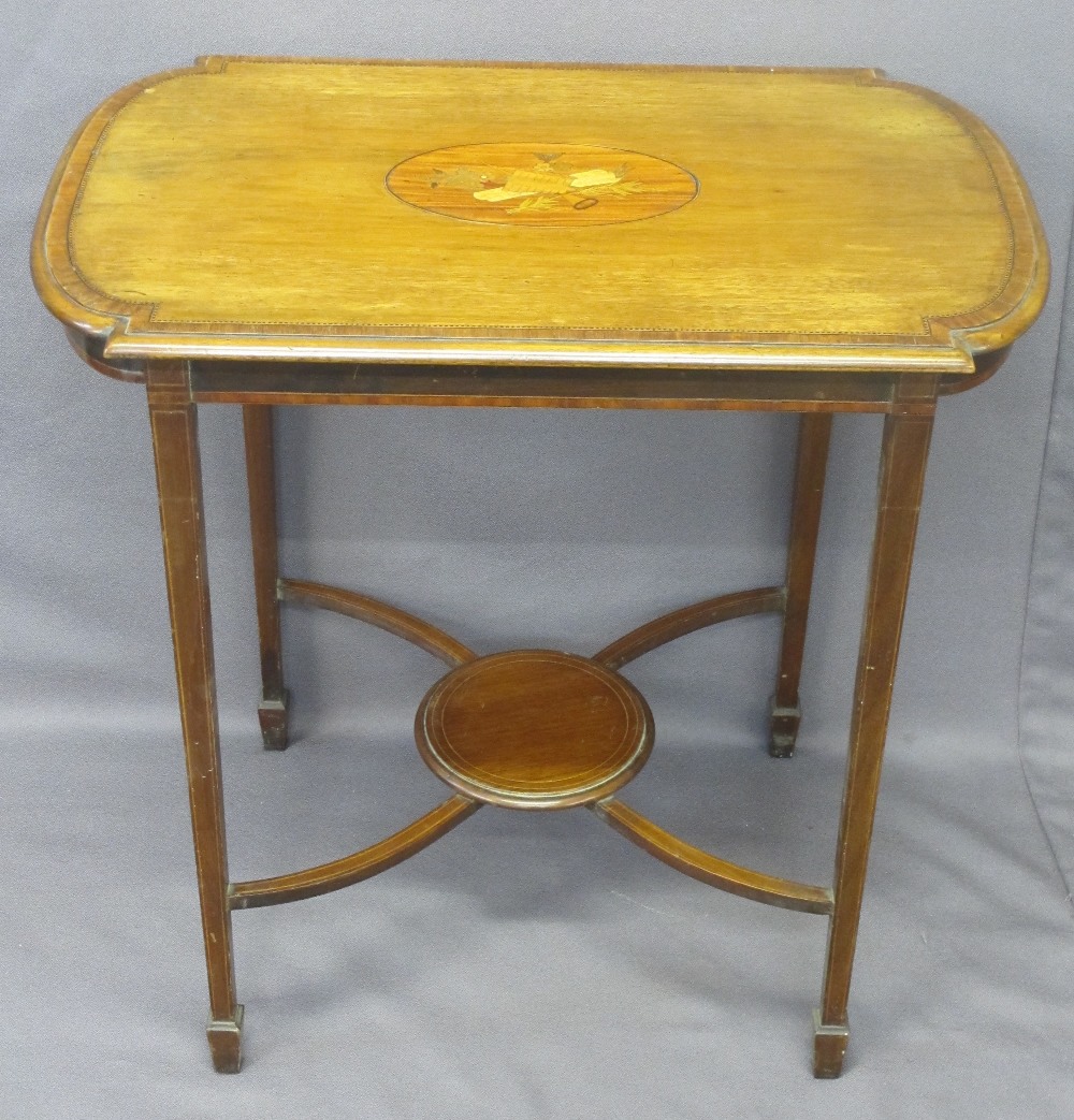 EDWARDIAN INLAID SIDE TABLE, shaped top, lower circular shelf on tapered supports, spade feet, 71cms