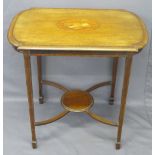 EDWARDIAN INLAID SIDE TABLE, shaped top, lower circular shelf on tapered supports, spade feet, 71cms