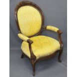 CAMEO BACK ARMCHAIR with carved flower and berry crest detail, 102cms H, 70cms W, 53cms seat depth