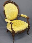 CAMEO BACK ARMCHAIR with carved flower and berry crest detail, 102cms H, 70cms W, 53cms seat depth