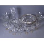 SILVER RIMMED FRUIT BOWL, period drinking glassware and a ship's decanter