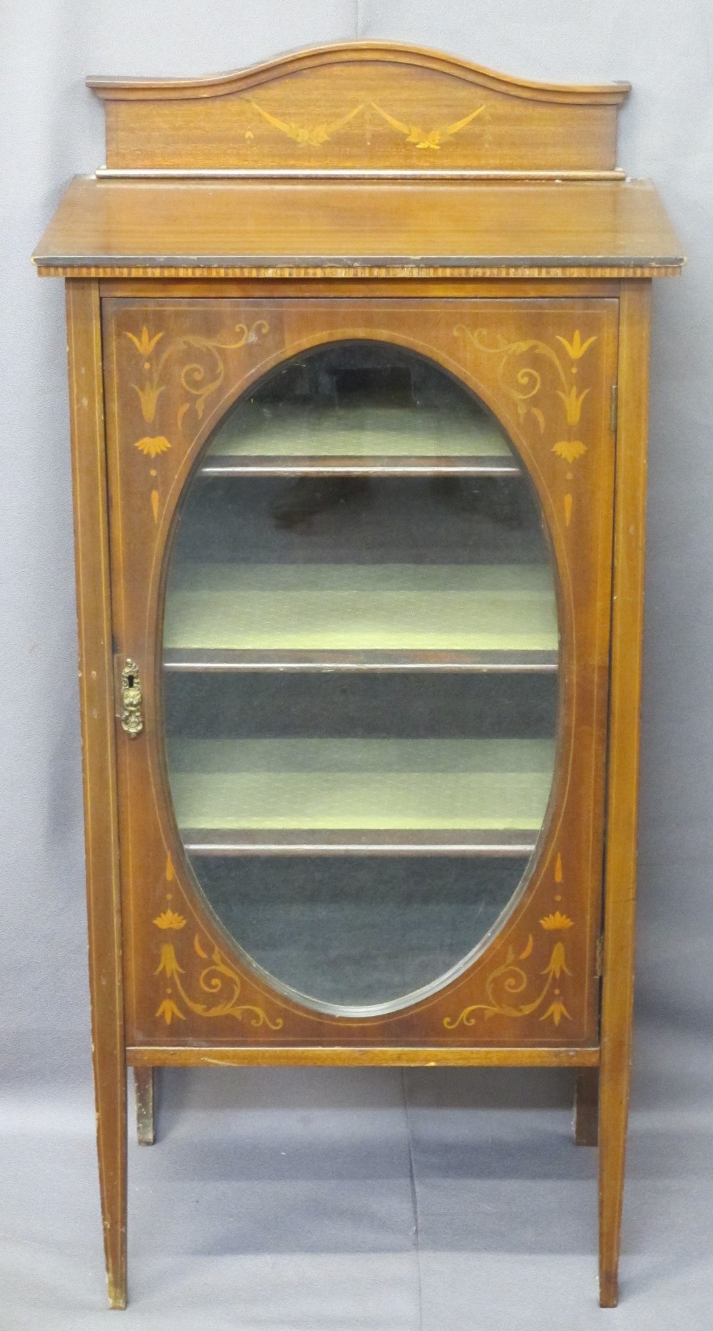 SHEET MUSIC MAHOGANY INLAID CABINET, single door, oval glazed with four interior shelves, 114cms