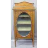 SHEET MUSIC MAHOGANY INLAID CABINET, single door, oval glazed with four interior shelves, 114cms