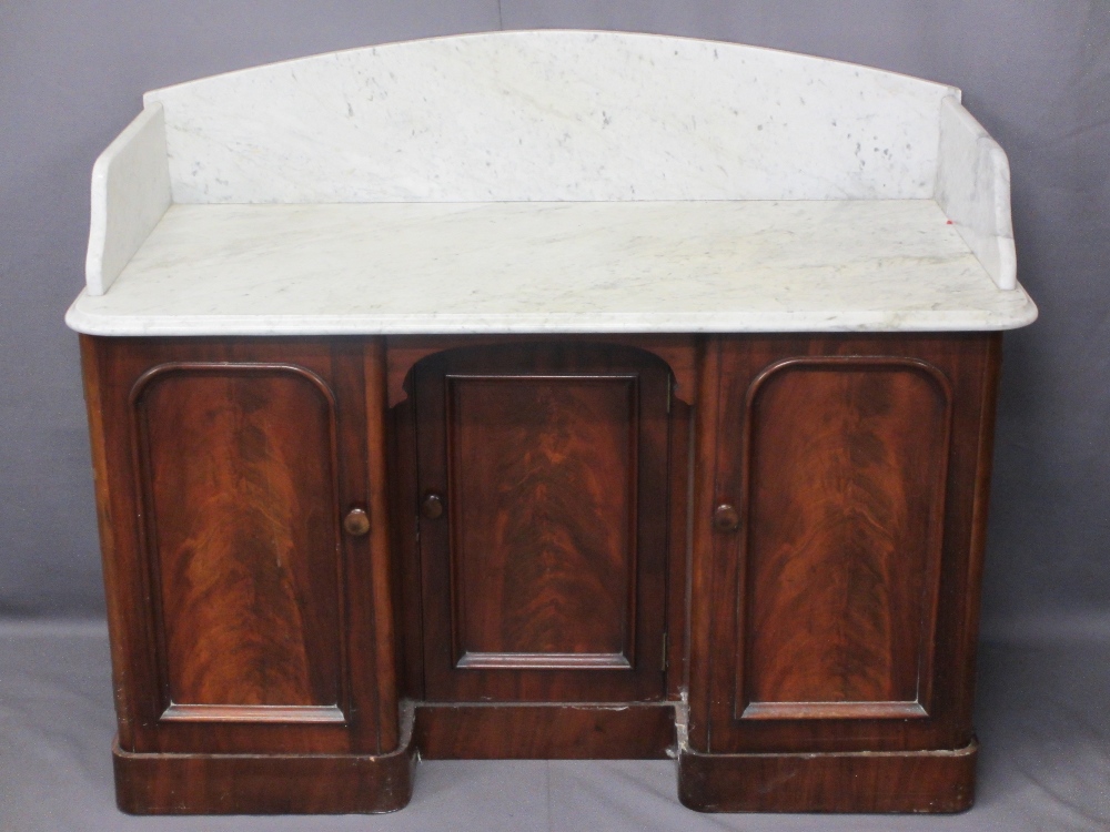 VICTORIAN WASHSTAND - marble splashback over three cupboard base with interior shelves, 98cms H,