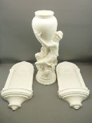 PLASTER VASE IN THE FORM OF A MAIDEN, 64cms H and a pair of plaster wall pockets, 58cms H