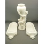 PLASTER VASE IN THE FORM OF A MAIDEN, 64cms H and a pair of plaster wall pockets, 58cms H