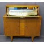 MID-CENTURY TEAK COCKTAIL CABINET - pull-down auto move interior section over twin-door base, 111cms