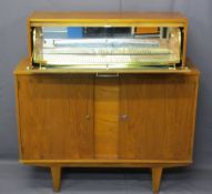 MID-CENTURY TEAK COCKTAIL CABINET - pull-down auto move interior section over twin-door base, 111cms