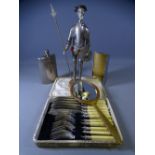 EPNS - cased set of fish knives and forks, hip flask, cigarette case, military figure ETC